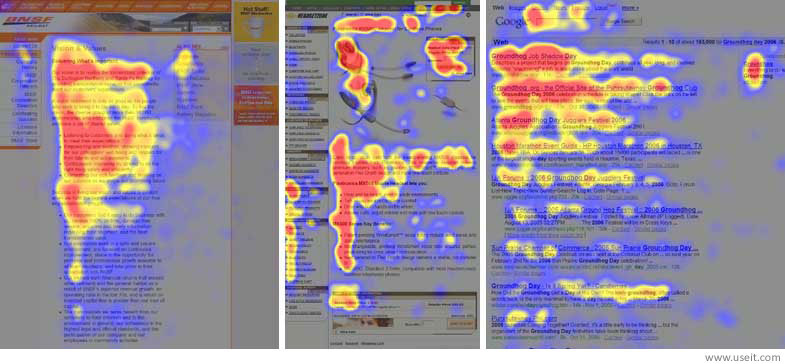 Bản đồ nhiệt từ nghiên cứu eyetracking của người dùng trên ba trang web