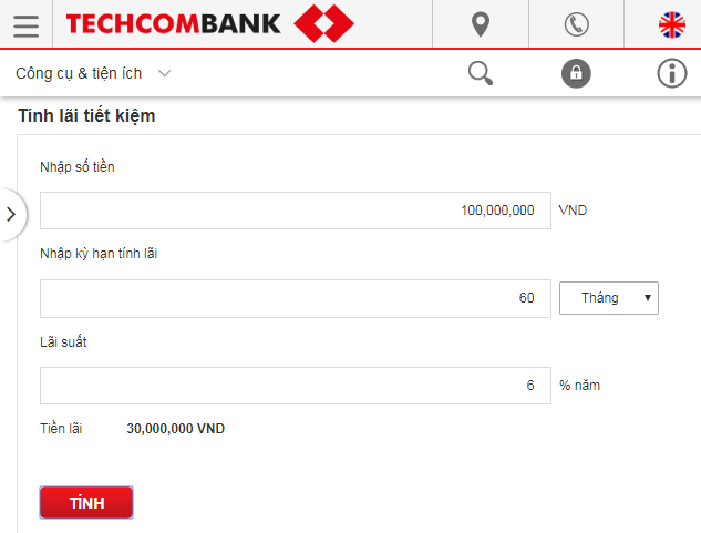 Trang web của ngân hàng Techcombank có ứng dụng hữu ích liên quan đến lãi suất gửi tiết kiệm