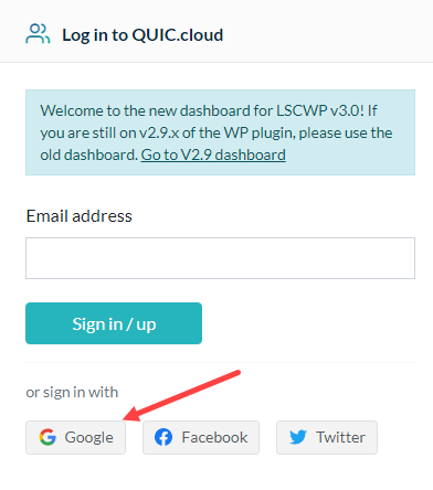 đăng nhập qua QUIC.cloud qua tài khoản Google