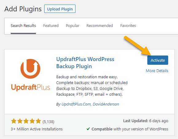 kích hoạt plugin UpdraftPlus