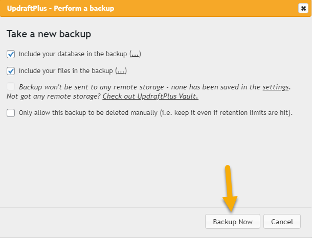 nhấn nút Backup Now để plugin backup dữ liệu